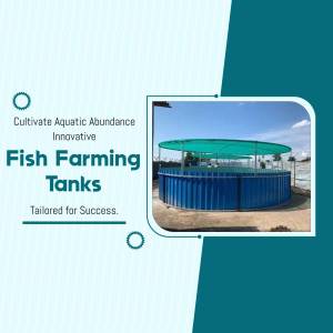 Circular blue fish farming tank with green roof and surrounding landscape.