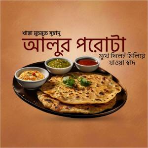 A close-up of Alur Porota (Potato Paratha) served with chutney and sauce.