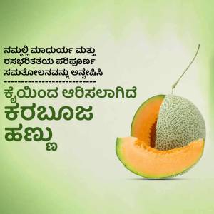 A close-up of a halved muskmelon with Kannada text overlay