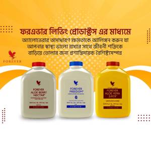 Three bottles of Forever Living Aloe Vera products: Aloe Berry Nectar, Forever Freedom, and Aloe Vera Juice.