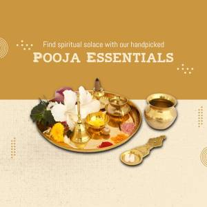 A golden plate filled with pooja items like flowers, incense, and a bell.