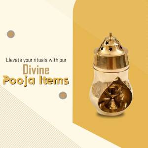 Golden pooja lamp with the text 'Divine Pooja Items'