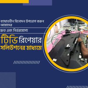 A promotional image for a TV repair service with a technician working on a disassembled TV.