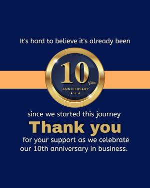 Golden 10th anniversary badge with text thanking supporters