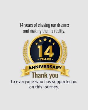 Anniversary badge with text '14 Years' and 'Thank You'