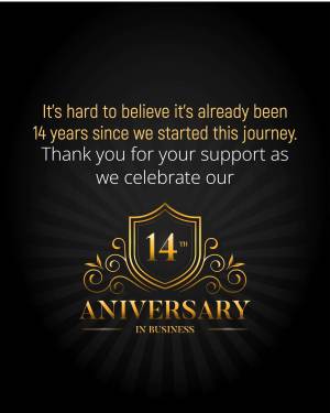 Golden emblem with '14th Anniversary in Business' text on a dark background.