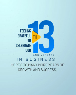 Image celebrating a 13th business anniversary with the number 13 prominently displayed.