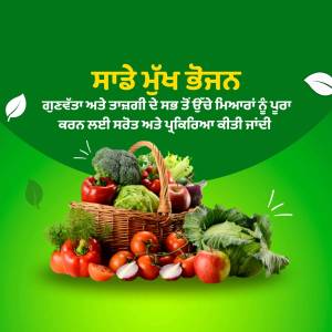 A wicker basket overflowing with fresh, colorful vegetables and fruits, with text in Punjabi.