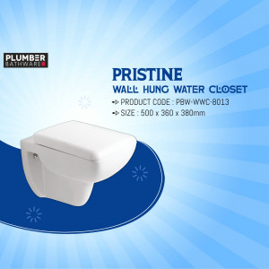 White wall-hung toilet with blue background and product details