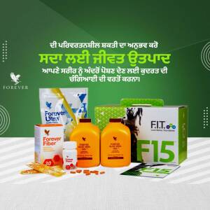Forever Living products including Aloe Vera Gel, Fiber, and F15 displayed on a green background.
