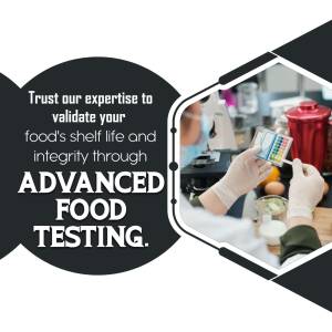 Image depicting a food testing laboratory with text promoting advanced food testing services.