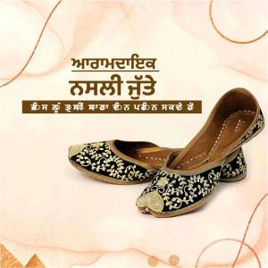 Pair of embroidered Punjabi Juttis on a peach background