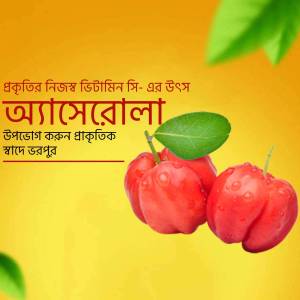 Close-up of red rose apples with green leaves on a yellow background with text in Bengali.
