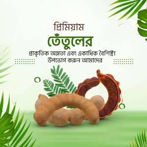 Image of tamarind with green leaves and text in Bengali