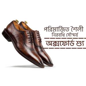 Pair of polished brown leather dress shoes on shoe trees