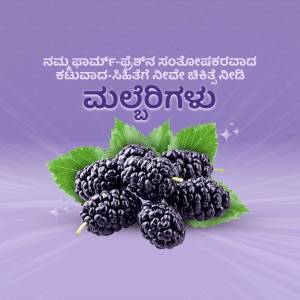 Close-up of a cluster of ripe black mulberries with green leaves against a purple gradient background.