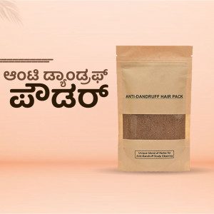 A pouch of Anti-Dandruff Hair Pack with text in Kannada and English.