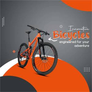 Orange mountain bike with text 'Innovative Bicycles engineered for your adventure'