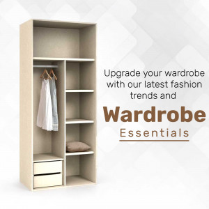 Beige wardrobe with clothes and accessories, promoting wardrobe essentials and fashion trends.