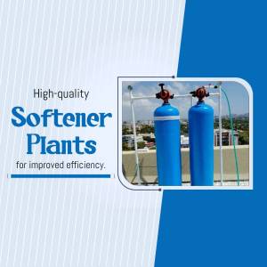 Two blue water softener tanks on a rooftop with a city skyline in the background.