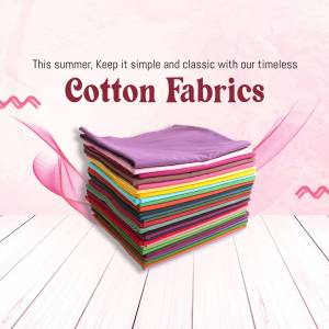 Stack of colorful cotton fabrics on a white wooden surface with pink abstract design.