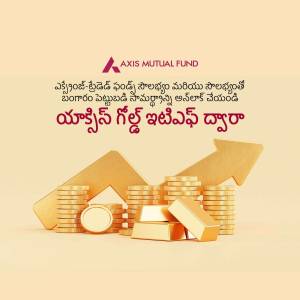 Image depicting financial growth with gold coins and an upward arrow, featuring the Axis Mutual Fund logo and text in Telugu.