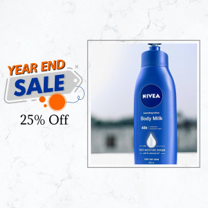 Nivea Body Milk bottle with a 25% off year-end sale promotion.