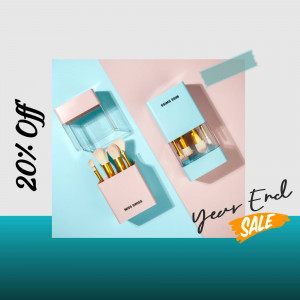 Makeup brushes and packaging with a 20% off year end sale promotion