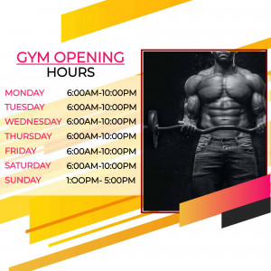 Gym opening hours with a muscular man lifting weights