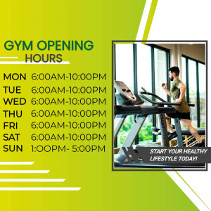 Gym opening hours schedule with a man running on a treadmill