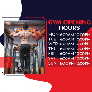 Image displaying gym opening hours with a man doing a pull-up.
