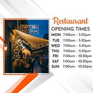 Exterior of Trattoria Pizzeria with opening hours displayed