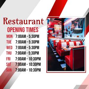 Restaurant opening hours displayed on a vibrant graphic with a diner interior.