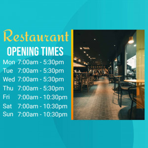Restaurant opening hours displayed on a promotional graphic