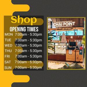 Chai Point shop front with opening times displayed