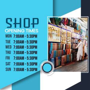 Shop opening times and a view of the shop interior with colorful textiles.
