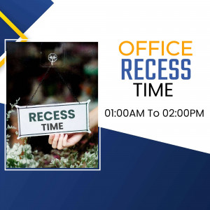 Image announcing office recess time with a sign and floral background.