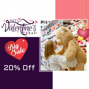 A woman hugging a large teddy bear with Valentine's Day sale promotions in the background.