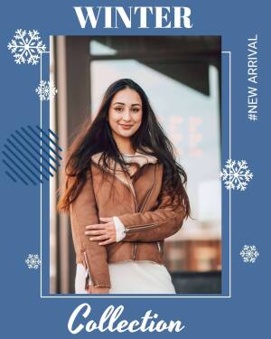 Woman wearing a brown winter jacket with snowflakes and winter collection text.