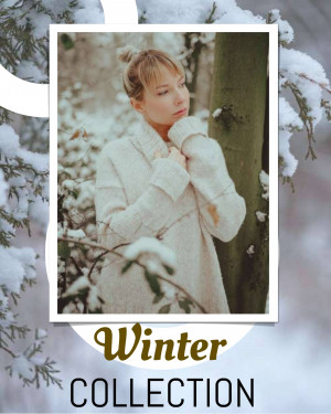Woman in a white knit sweater and mittens in a snowy winter scene
