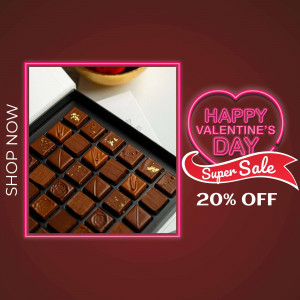 Box of assorted chocolates with a Valentine's Day sale promotion.