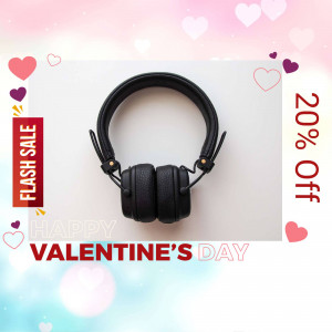 Black headphones with Valentine's Day themed decorations and a flash sale banner.