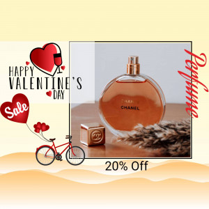 Chanel perfume bottle with Valentine's Day themed decorations and a sale offer.