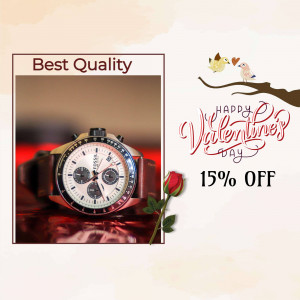 Luxury watch with Valentine's Day decorations and a 15% off promotion.