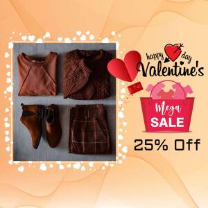 Valentine's Day sale featuring women's clothing and accessories with a 25% discount.