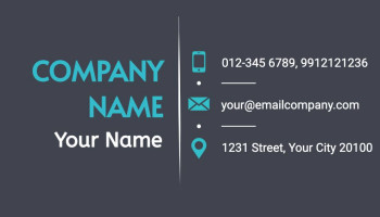 A dark blue business card with company name, contact details, and icons.