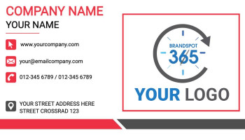 Business card with company name, contact details, and logo placeholder.
