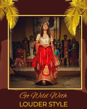 Model walking the runway in a red and gold lehenga with other models in the background.