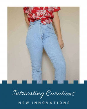 Woman wearing high-waisted light wash jeans and a red floral shirt