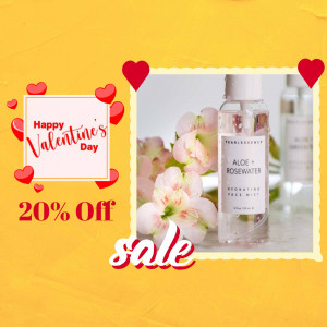 Aloe and Rosewater face mist product advertisement with Valentine's Day theme and sale offer.